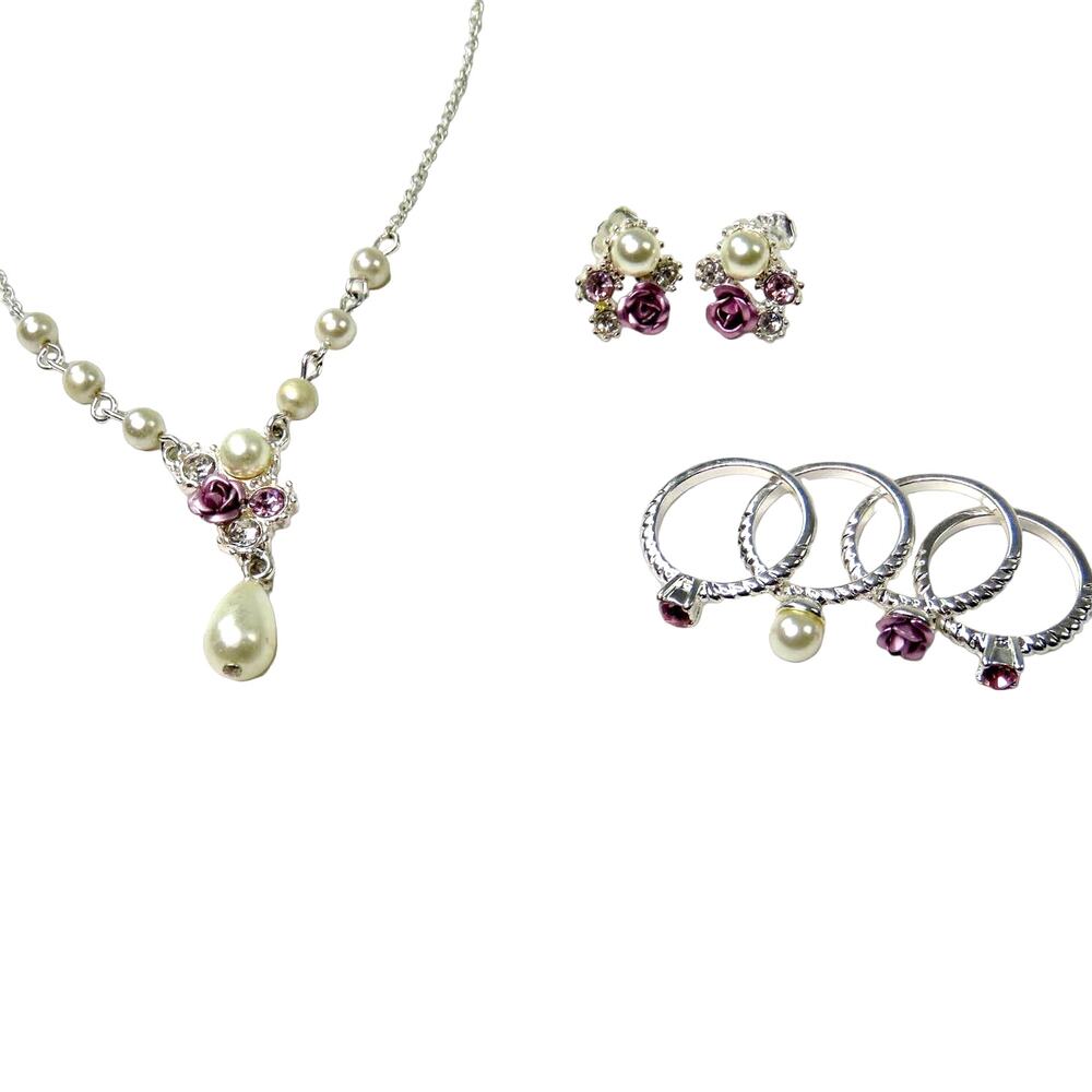 1990s Vintage Avon Rose Pink Pearl Silver Jewelry Set Retro Coquette